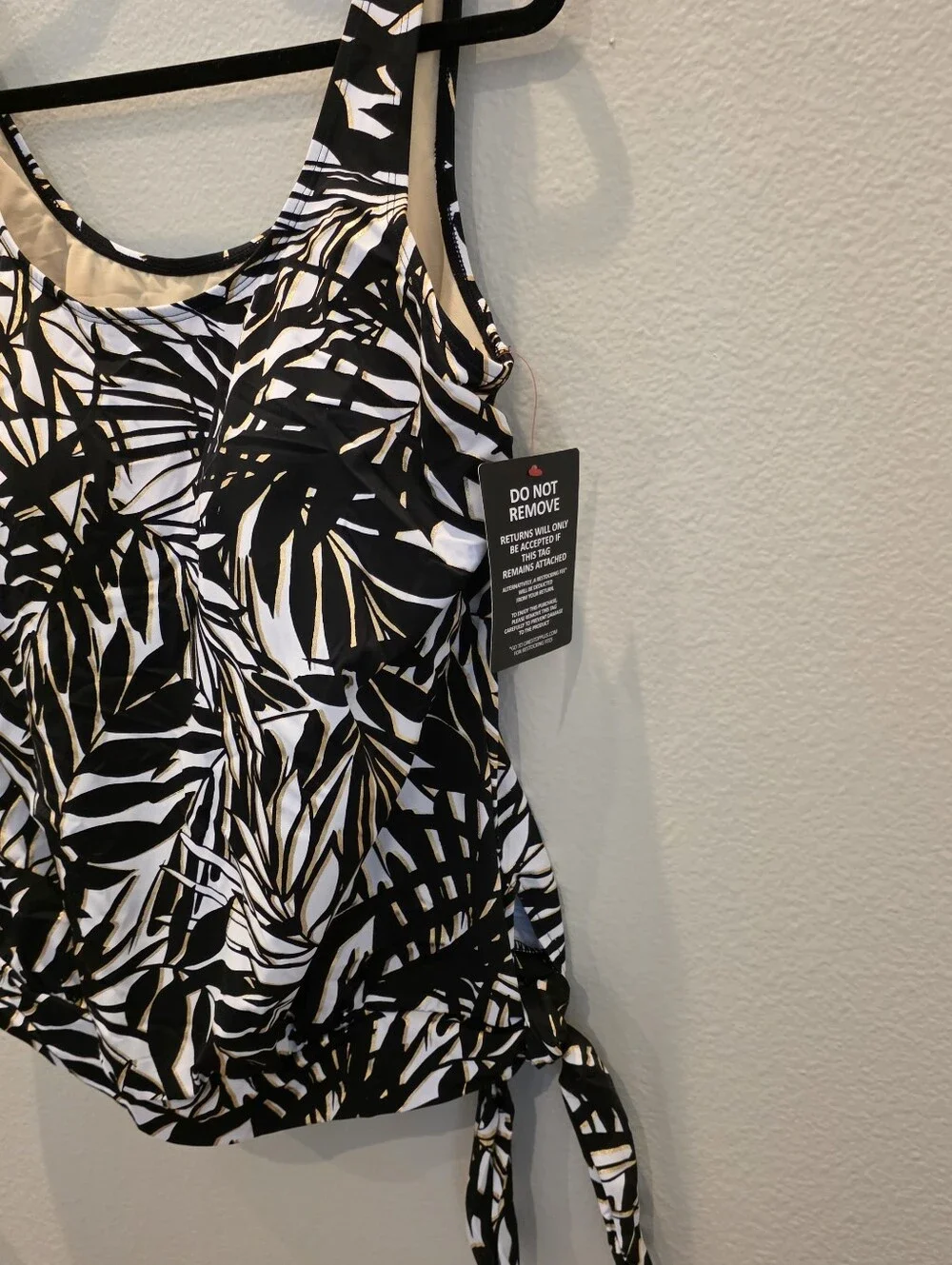 Swimsuits For All Women's Side Tie Blouson Tankini Top Black White Palm 16 NWT